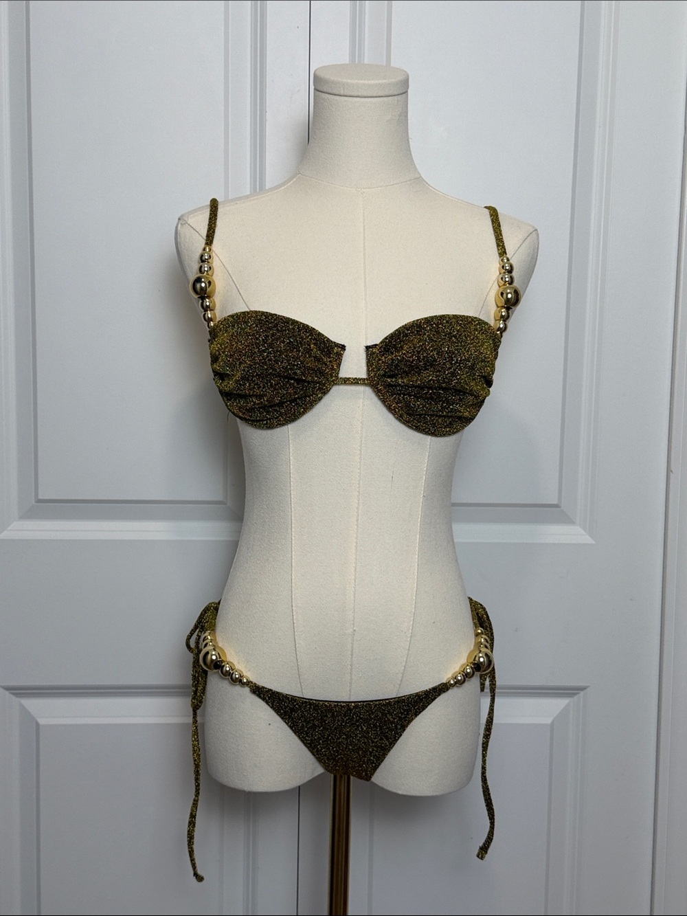 ⭐️ Green/Gold Beaded Metallic 2 Piece Sunsuit/ Bikini Small